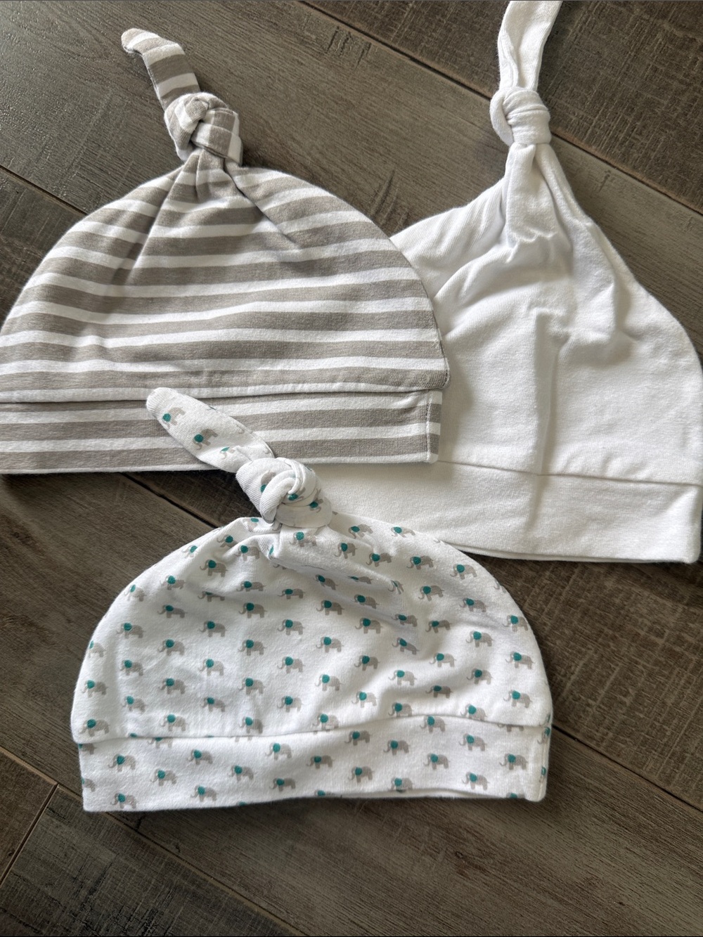 t/o Baby Knot Hats - White, Gray Stripes & Teal Elephant Print